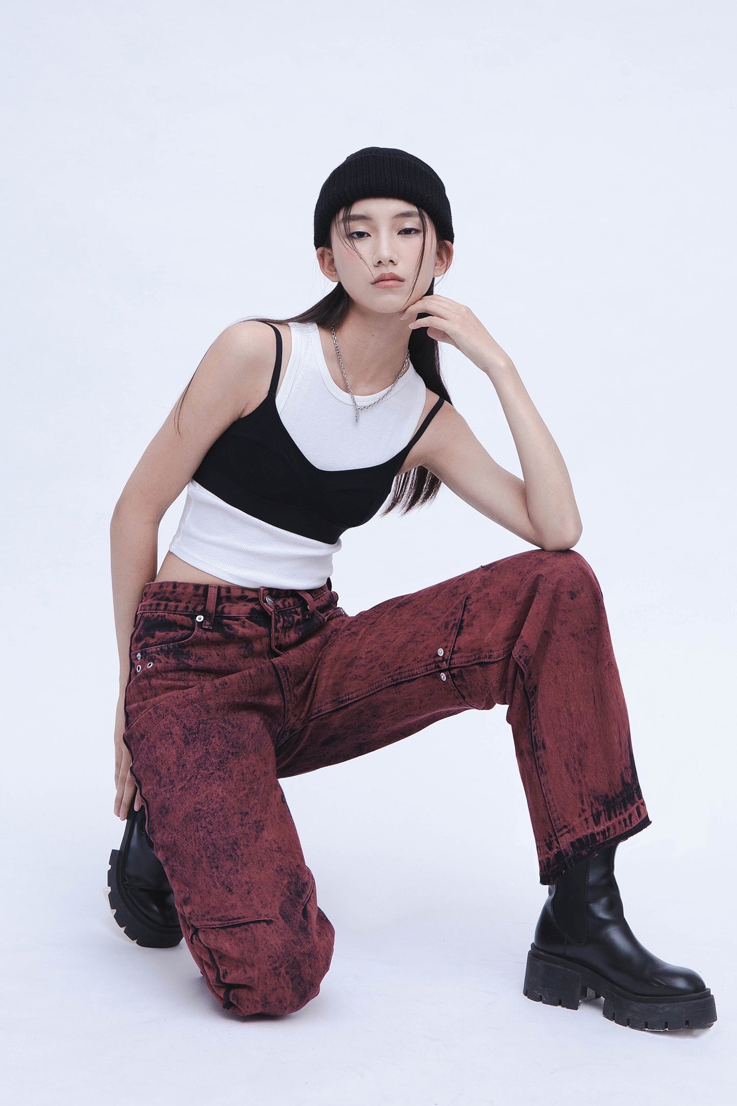 DENIM WASHED PANTS (RED)