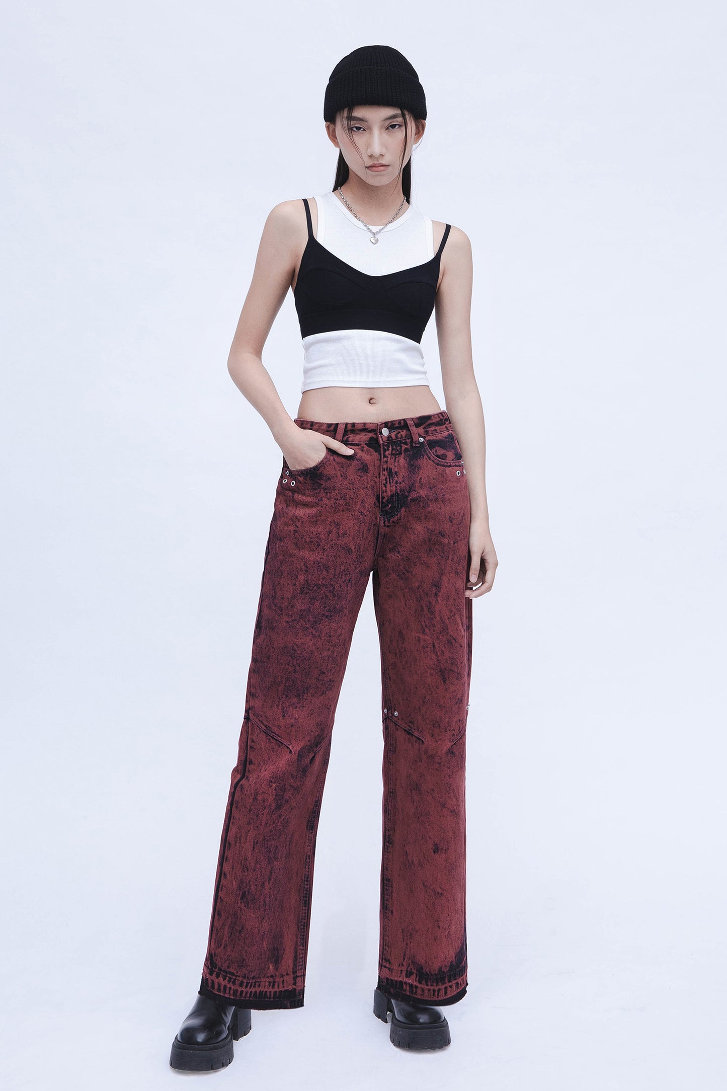 DENIM WASHED PANTS (RED)