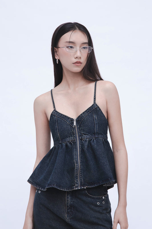 DENIM PUPLUM TOP  (BLUE)